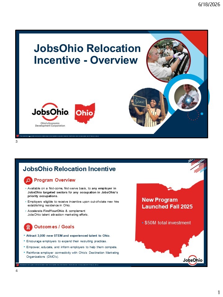 JobsOhio relocation incentive information, slide 1
